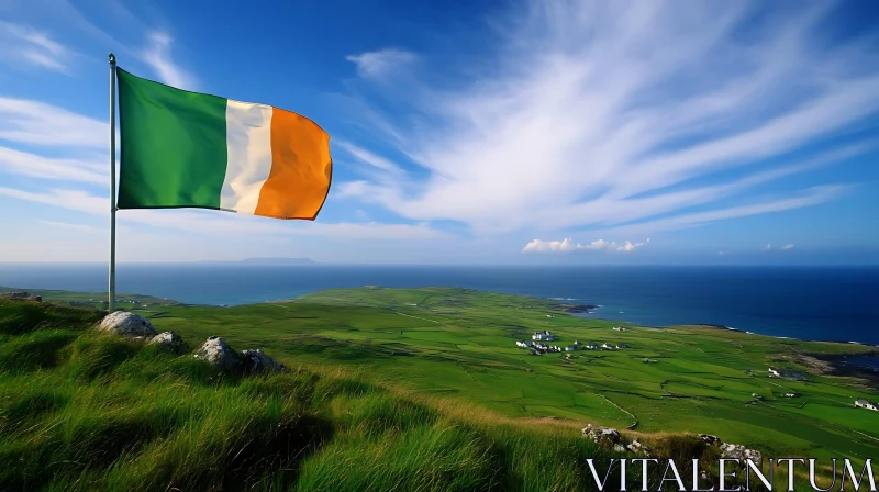 Scenic Irish Countryside with Waving Flag AI Image