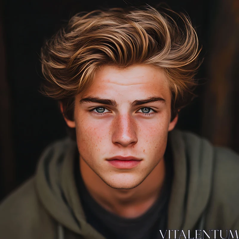 Close-up Portrait of a Freckled Young Man AI Image