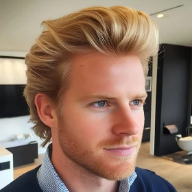 Blond Man with Blue Eyes in Modern Interior