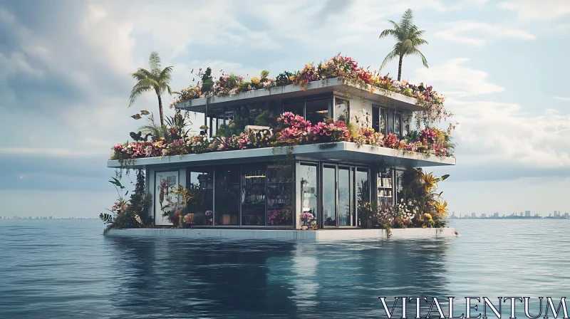 Ocean-Situated Contemporary Home with Blooming Foliage AI Image