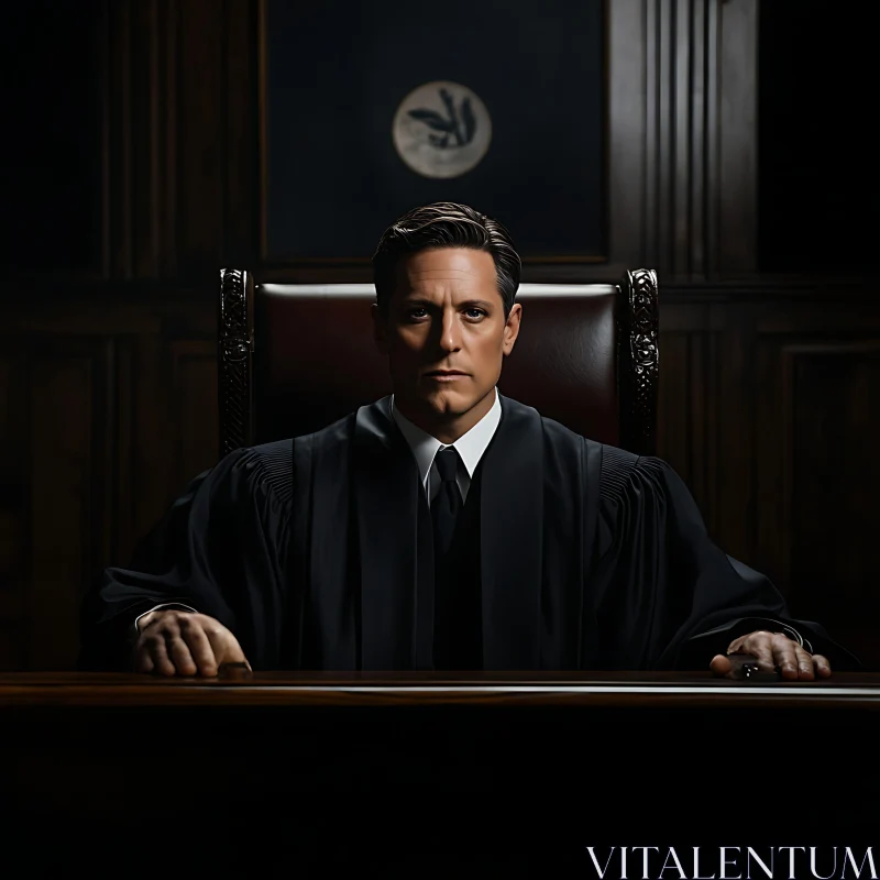 Judge Sitting Sternly in Courtroom AI Image