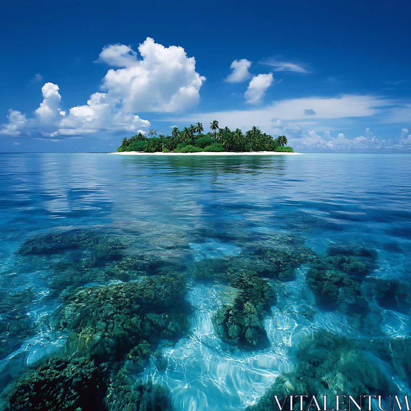 Serene Tropical Island and Coral Reefs Under Blue Sky AI Image