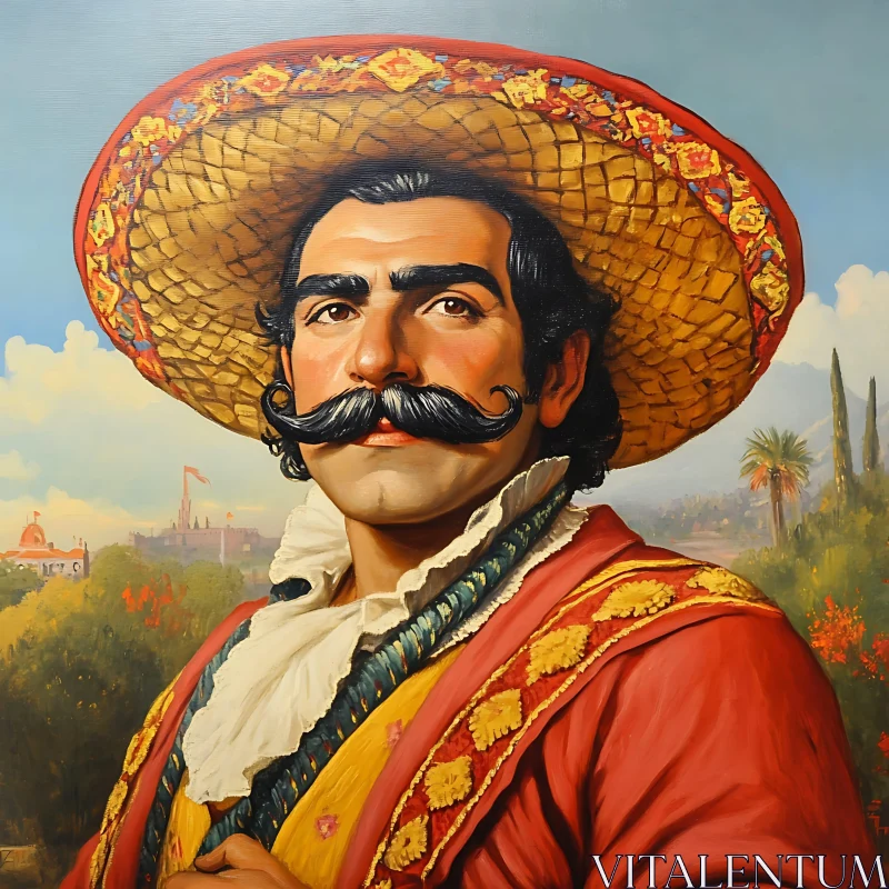 Historic Mexican Portrait with Sombrero AI Image