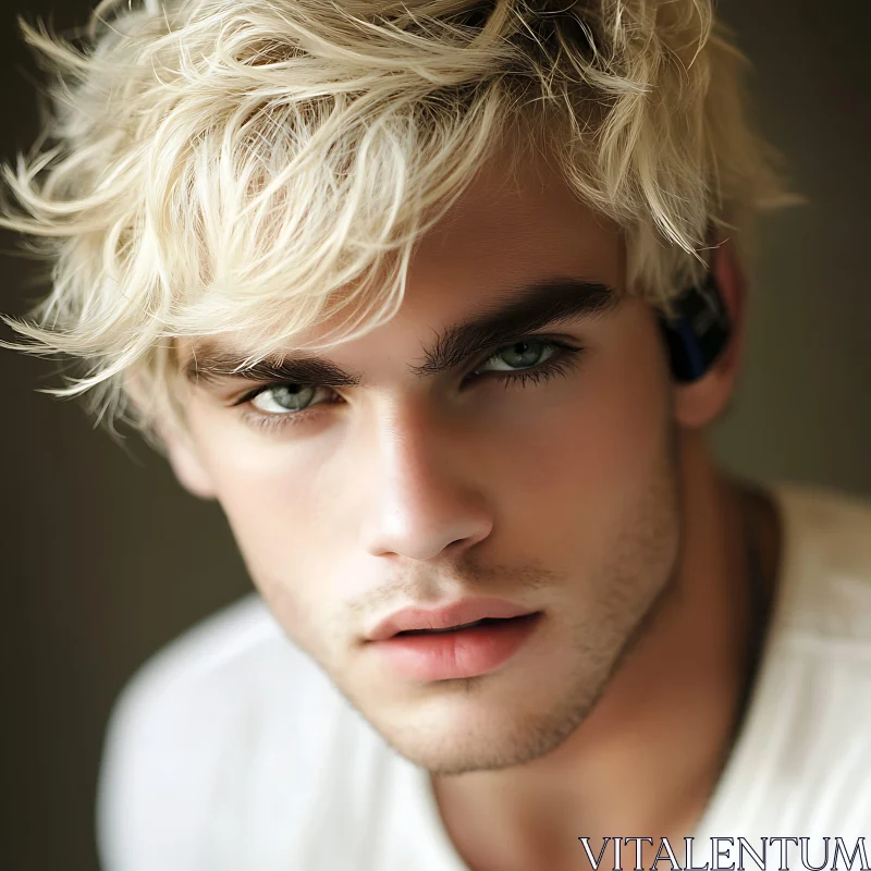 Young Man with Blonde Hair and Green Eyes AI Image