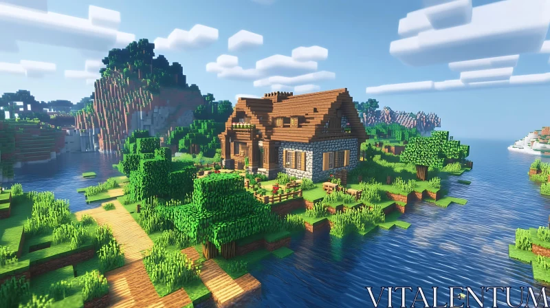 Peaceful Minecraft Scenery with House and Nature AI Image