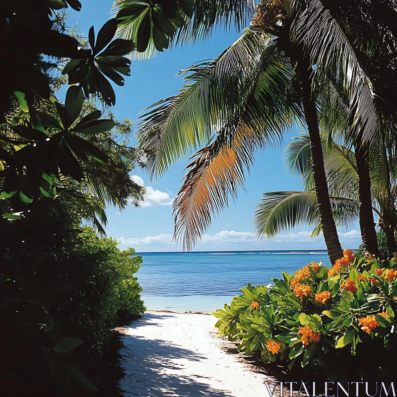 Palm-Lined Pathway to Tranquil Tropical Beach AI Image