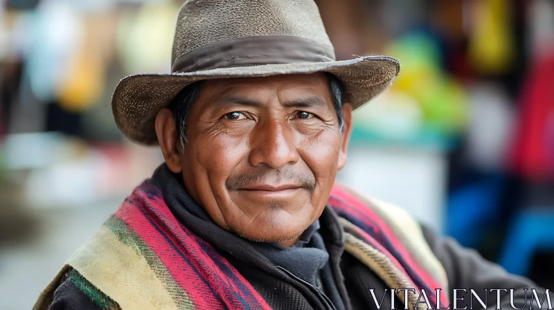 Smiling Man in Woven Hat and Colorful Shawl AI Image