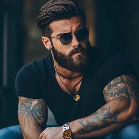 Tattooed Model in Sunglasses and Black T-Shirt