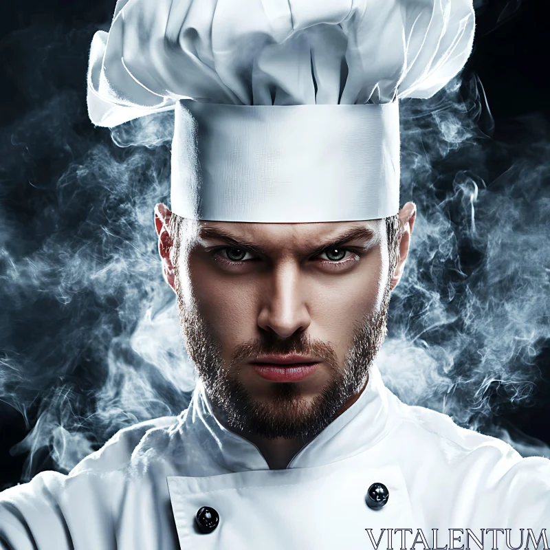 Focused Chef Close-Up with Smoky Background AI Image