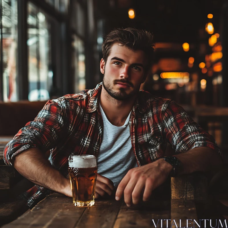 Man Enjoying a Beer at a Dimly Lit Bar AI Image