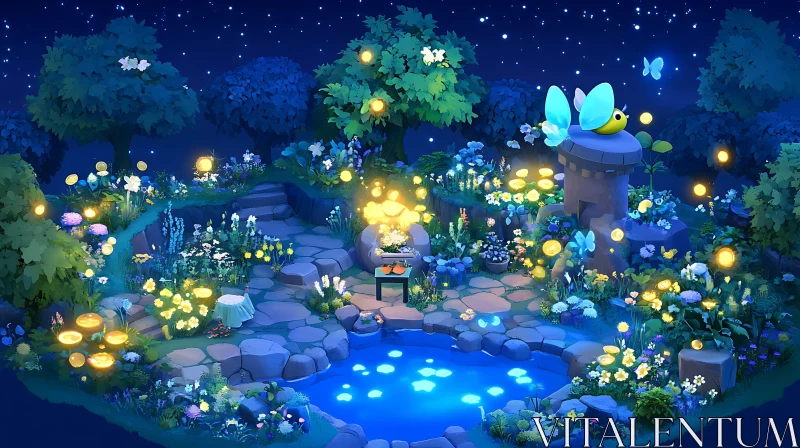 Magical Garden Night Scene with Illuminated Pool AI Image