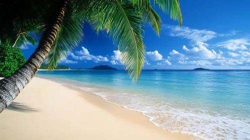 Serene Sandy Shore with Palm Trees and Blue Sky