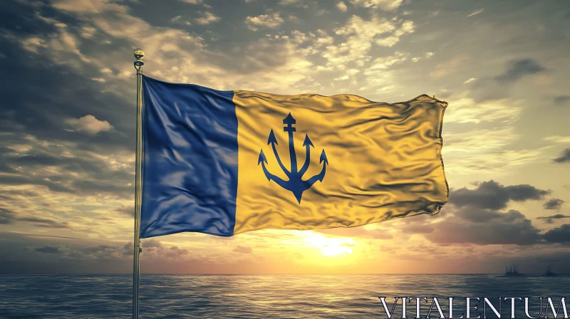 AI ART Blue and Gold Flag Waving Against a Sunset over the Sea