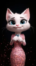 Glittering Cartoon Cat with Blue Eyes