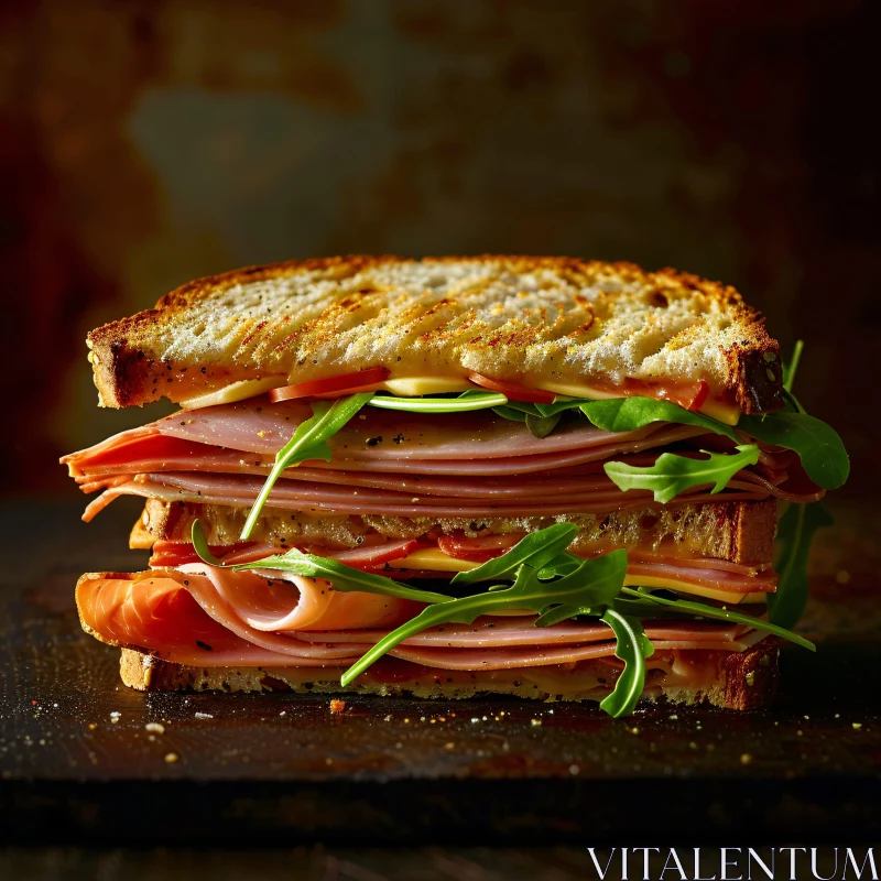 AI ART Layered Ham and Arugula Sandwich