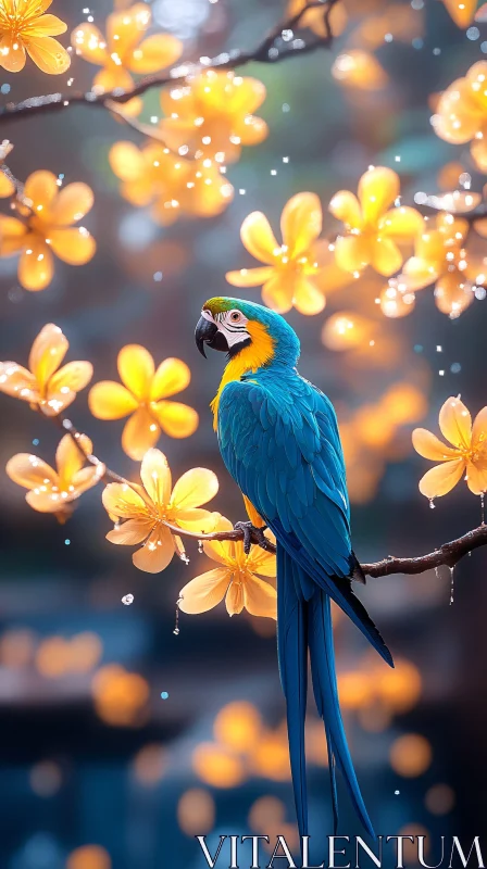 Colorful Parrot on Flowering Branch AI Image