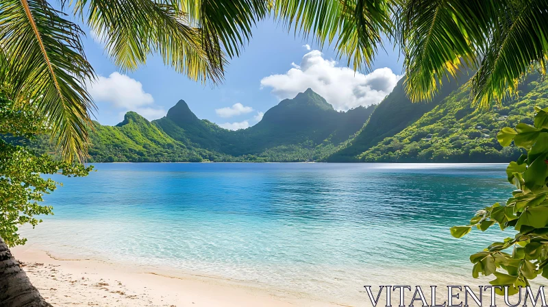 Exotic Beach with Lush Green Mountains AI Image