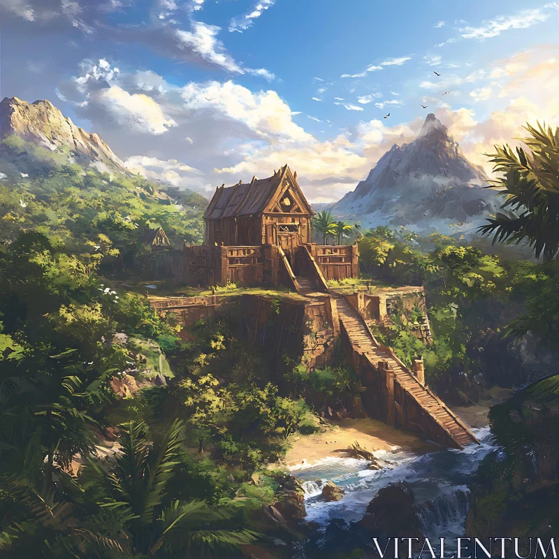 Serene Jungle Hut with Mountain View AI Image