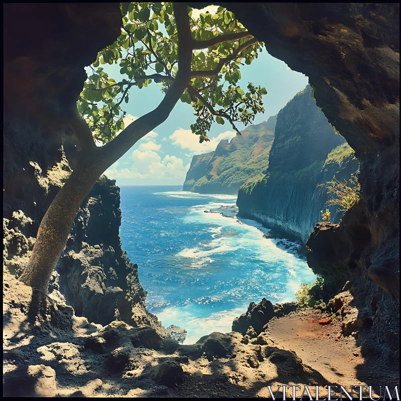 Rugged Coastline Seen from a Cave AI Image