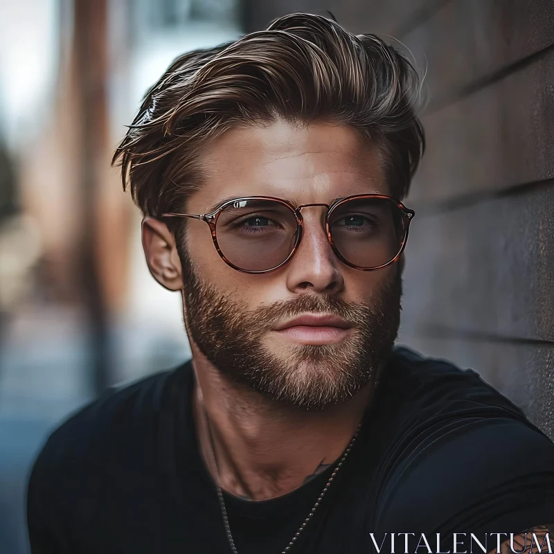 Confident Bearded Man in Fashionable Glasses AI Image