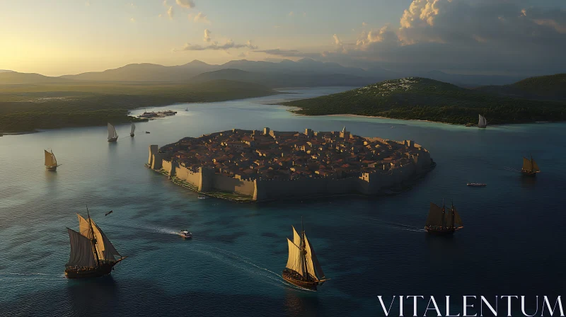 AI ART Island Citadel at Sunset with Ships