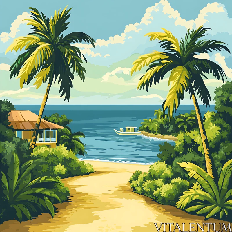 Idyllic Tropical Paradise with Ocean and Palm Trees AI Image