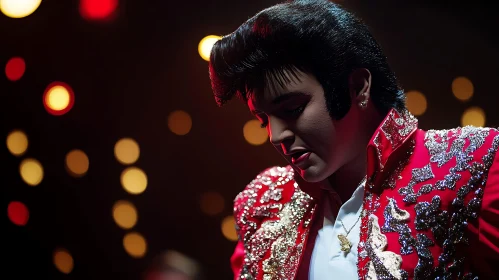 Performer in Glittering Red Jacket Surrounded by Bokeh Lights