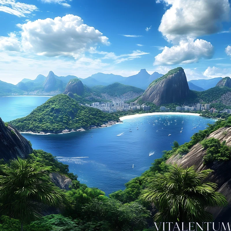 Serene Island Landscape with Blue Waters and Green Hills AI Image