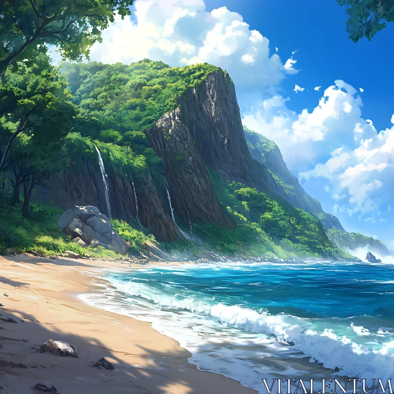 Tropical Beach with Mountains and Waterfalls AI Image