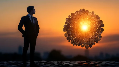 Man Watching Floating Crypto Coins in the Sunset