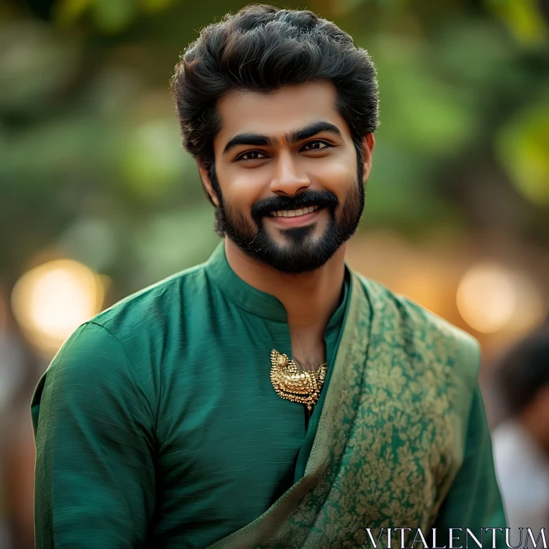 Cheerful Portrait of a Bearded Man in Green Traditional Dress AI Image