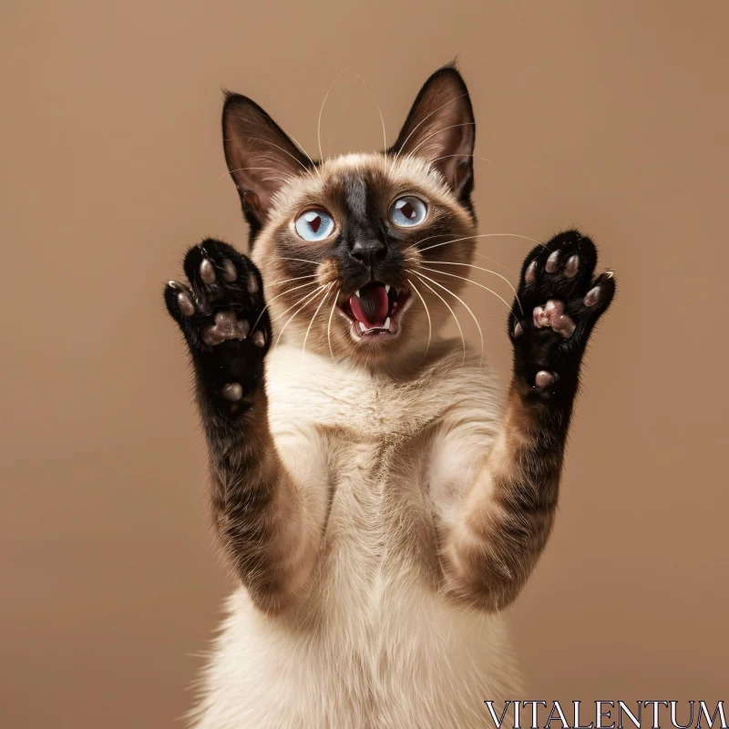 Siamese Cat with Blue Eyes and Raised Paws AI Image