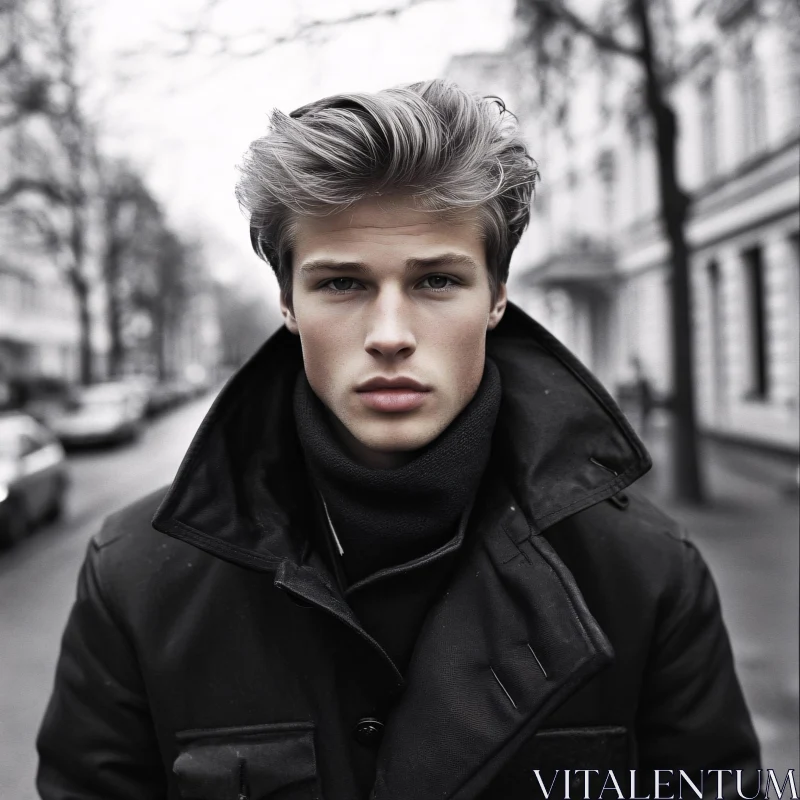 Young Man in Winter Coat Portrait Urban Street AI Image