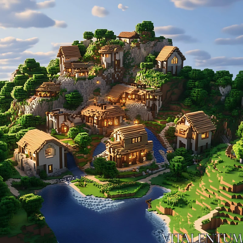 Blocky Village on a Hill at Sunset AI Image