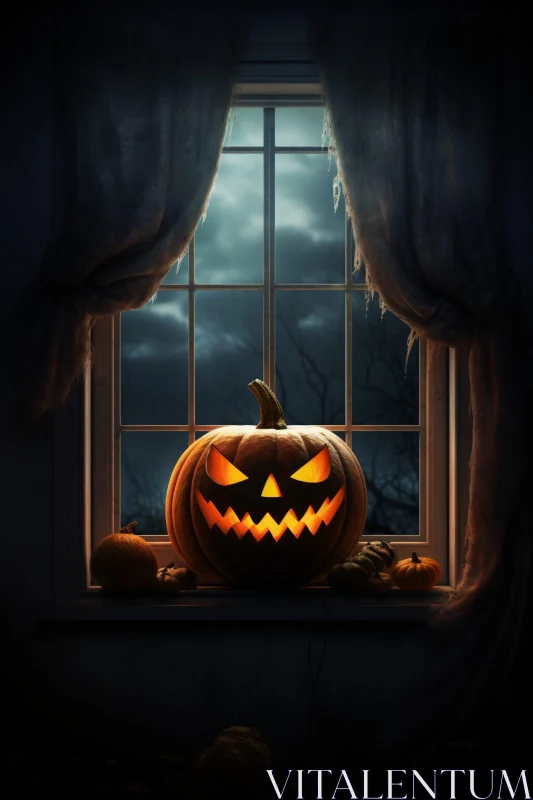 AI ART Spooky Pumpkin with Glowing Smile On Window