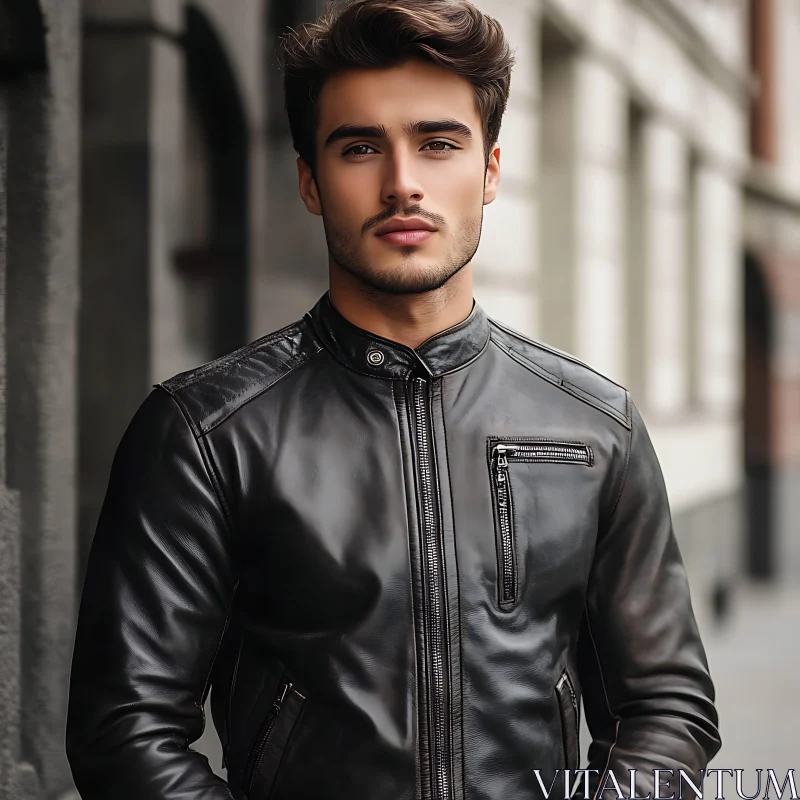 Confident Man in Urban Setting with Leather Jacket AI Image