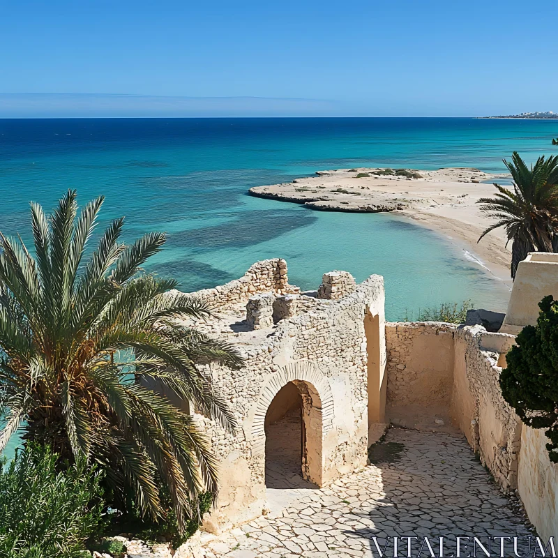 Coastal Ruins with Palm Trees and Sandy Beach AI Image