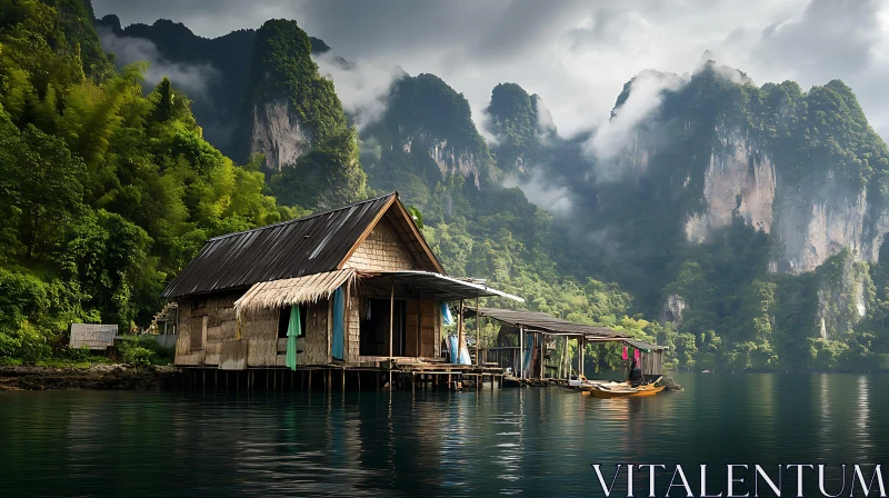 Peaceful Lakeside Hut Surrounded by Majestic Mountains AI Image