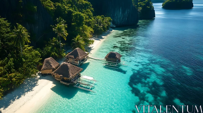 Serene Tropical Beach with Crystal Clear Waters and Huts AI Image