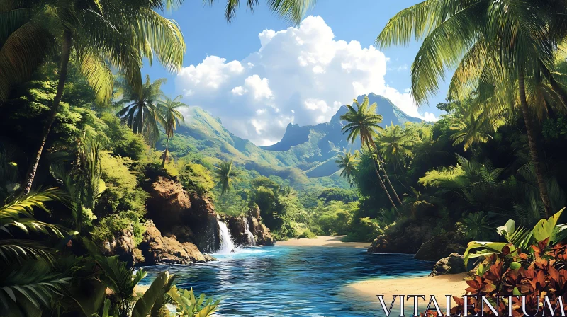 Tranquil Tropical Landscape with Lush Greenery and Waterfall AI Image