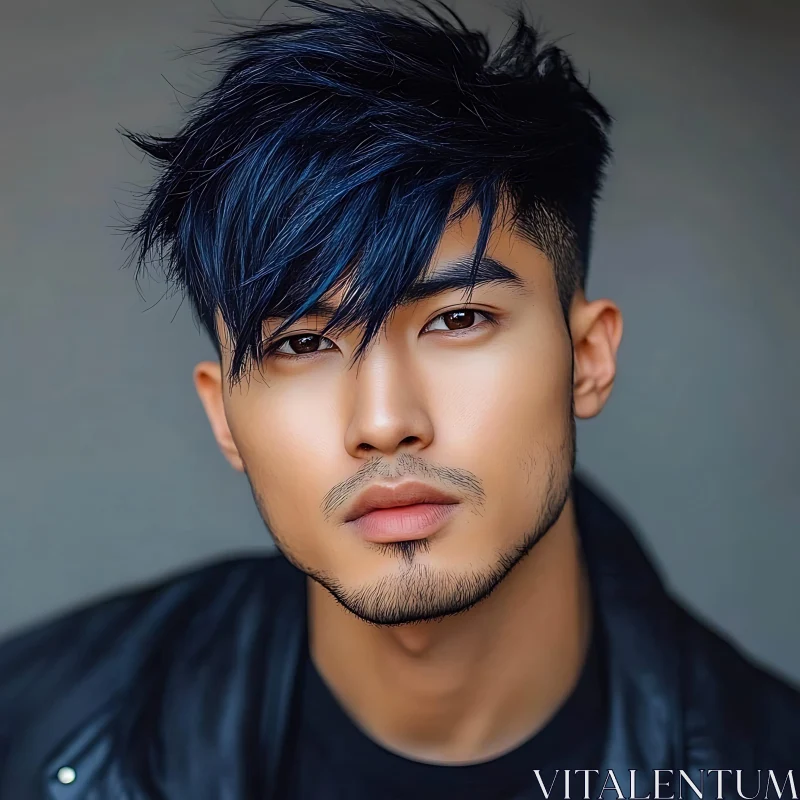 Stylish Young Man with Dark Blue Hair and Leather Jacket AI Image