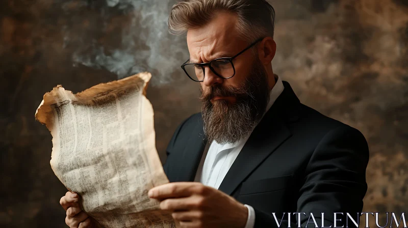 Bearded Man in Suit Reading Vintage Newspaper AI Image