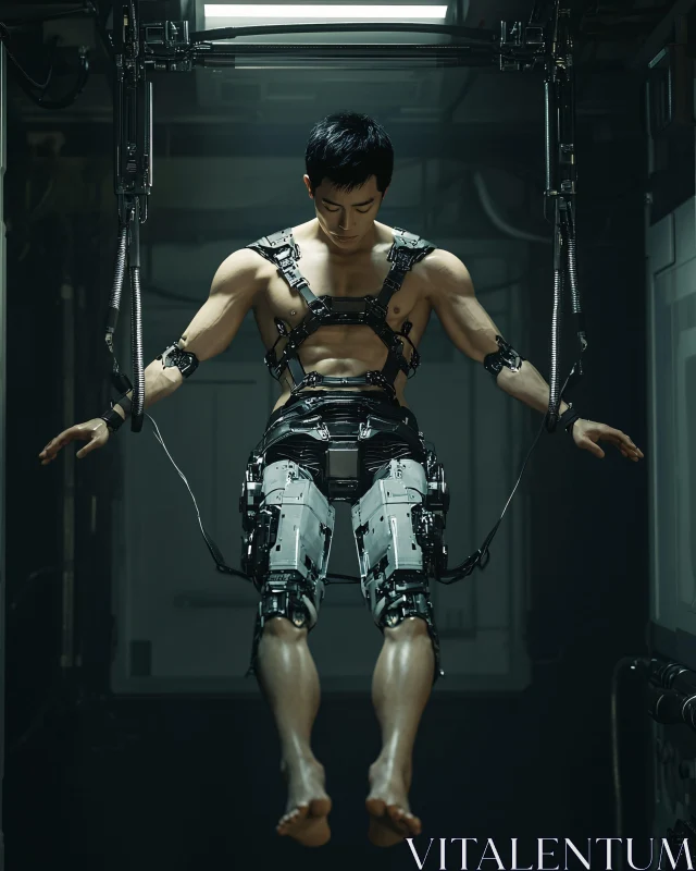 Cybernetic Man in Futuristic Suspension AI Image