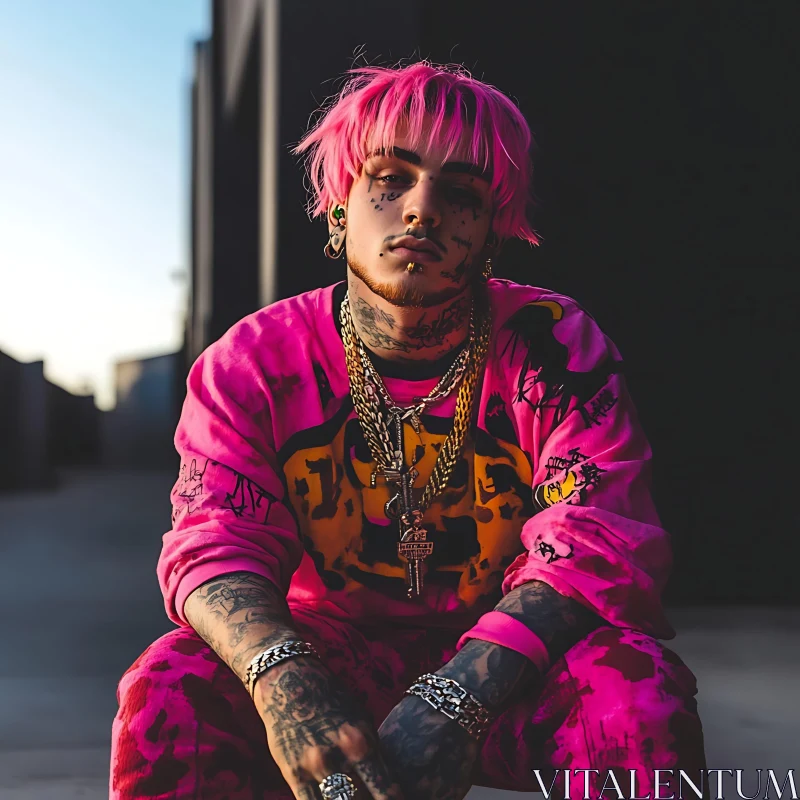 Streetwear Fashion with Vibrant Pink Hair and Tattoos AI Image