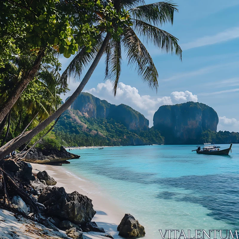 Idyllic Beach Scene with Turquoise Waters and Palm Trees AI Image