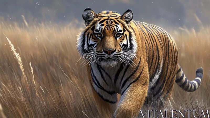 Tiger Prowling Through Grassy Terrain AI Image