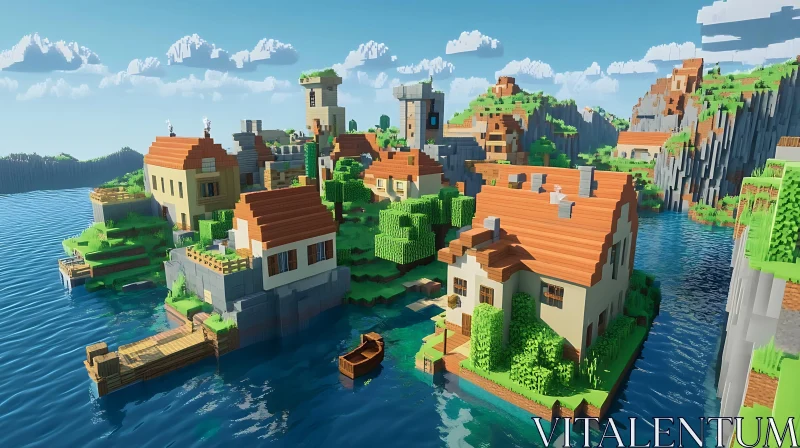 Peaceful Digital Waterfront Village AI Image