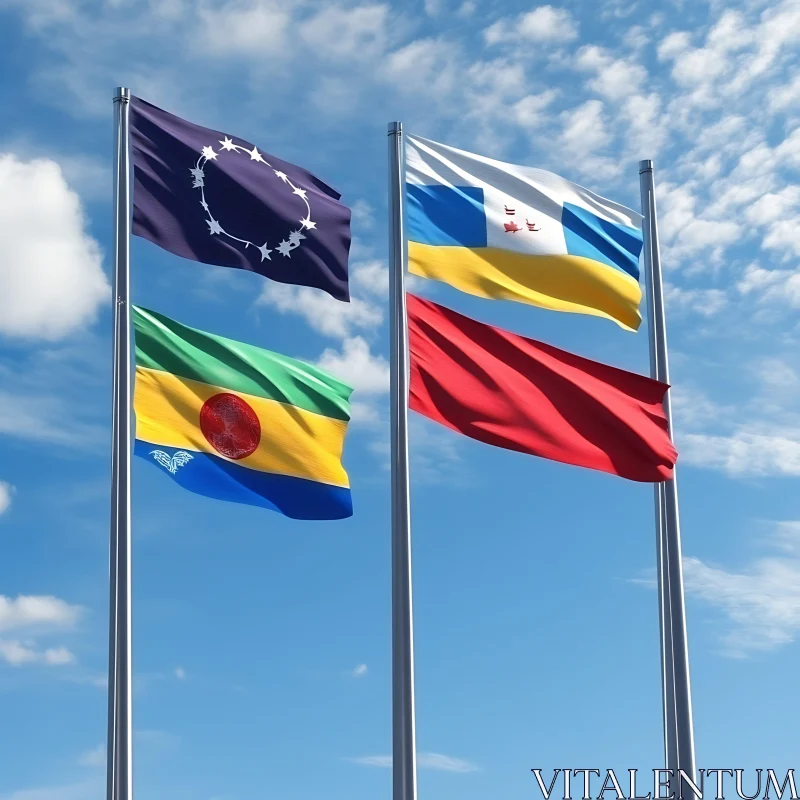 Wind-blown Flags Under Scattered Clouds AI Image