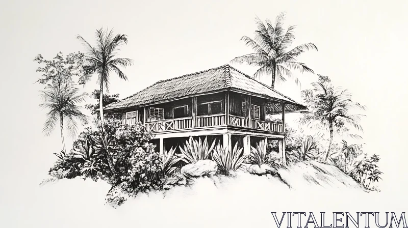 Detailed Pencil Sketch of a Tropical Hut AI Image