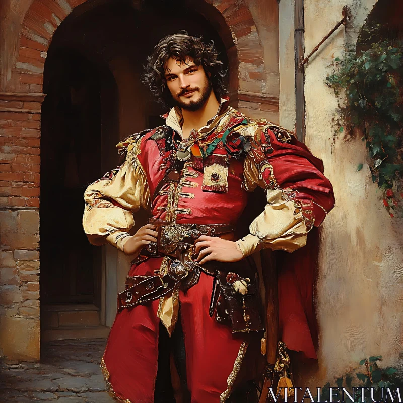 Medieval Character in Colorful Attire AI Image